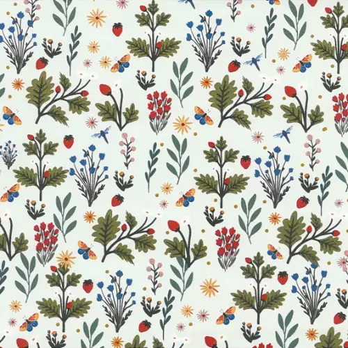 Blossoms Gift Wrap Paper with botanical meadow with oak leaves, wildflowers, strawberries, and butterflies on soft white