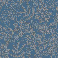 Blue Leaves Gift Wrap Paper with gold line art poinsettias, leaves, and berries on French blue