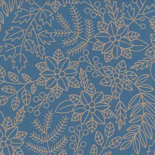 Blue Leaves Gift Wrap Paper with gold line art poinsettias, leaves, and berries on French blue