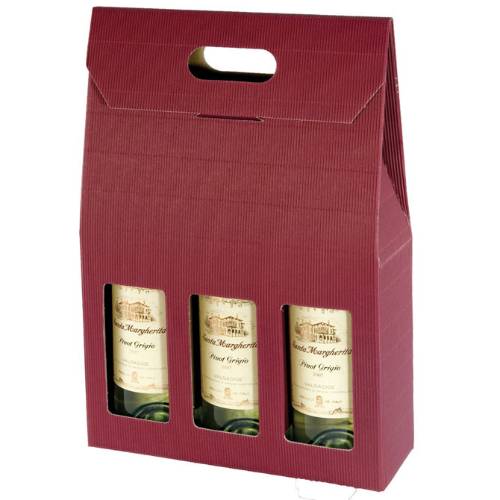 Bordeaux wine bottle carrier 10.6x3.5x16, upright folding carrier with die-cut handle and 3 arched bottle windows, deep bordeaux textured rib finish