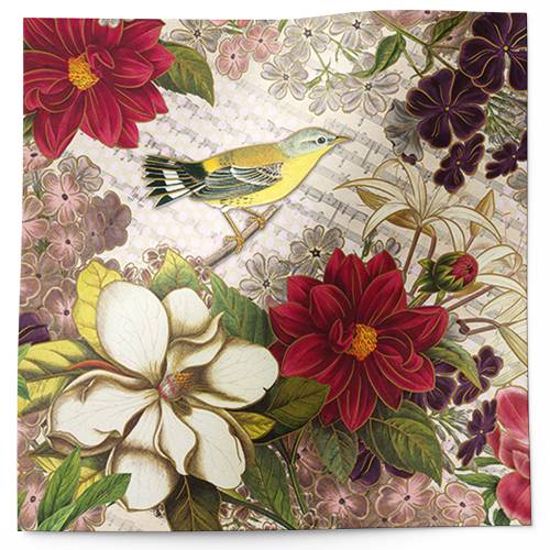 Botanic printed tissue paper with floral illustrations and birds on a vintage-style background