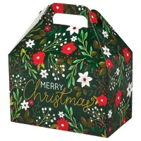 Botanical Christmas large gable box — dark green with red and white florals, die-cut top carry handle
