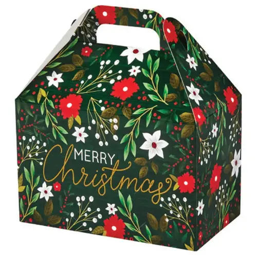 Botanical Christmas large gable box — dark green with red and white florals, die-cut top carry handle