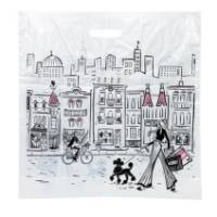 Boutique Collection large plastic bag — Parisian city scene print on white lo-density poly, die-cut handle