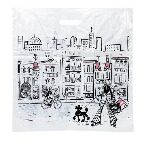 Boutique Collection large plastic bag — Parisian city scene print on white lo-density poly, die-cut handle