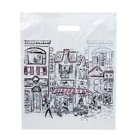 Boutique Collection medium plastic bag — Parisian city scene illustration with pink accents, gusseted