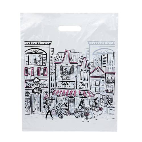 Boutique Collection medium plastic bag — Parisian city scene illustration with pink accents, gusseted