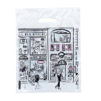 Boutique Collection small plastic bag — Parisian city scene print with pink accents, die-cut handle