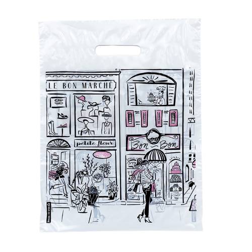 Boutique Collection small plastic bag — Parisian city scene print with pink accents, die-cut handle