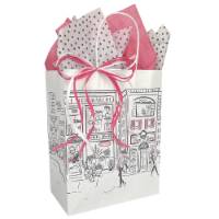 Medium white kraft Boutique shopping bag with Parisian street scene print in black and pink and white twisted paper handles