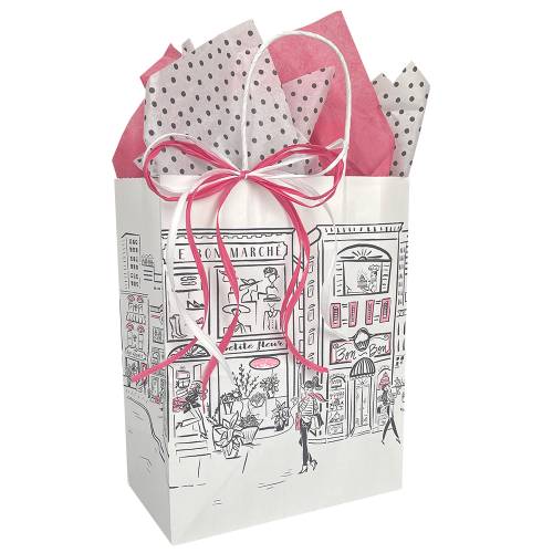 Medium white kraft Boutique shopping bag with Parisian street scene print in black and pink and white twisted paper handles