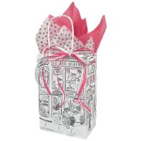 Small white kraft Boutique shopping bag with Parisian street scene print in black and pink and white twisted paper handles