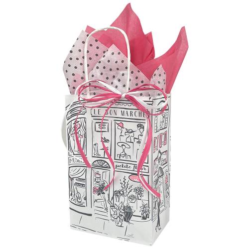 Small white kraft Boutique shopping bag with Parisian street scene print in black and pink and white twisted paper handles