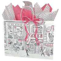 Wide white kraft Boutique shopping bag with Parisian street scene print in black and pink and white twisted paper handles