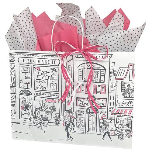 Wide white kraft Boutique shopping bag with Parisian street scene print in black and pink and white twisted paper handles