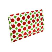 Bright Christmas gift card folder 5" x 3 3/8" x 1/8" — slim tuck-close sleeve, red and green dot print, holds a standard gift card