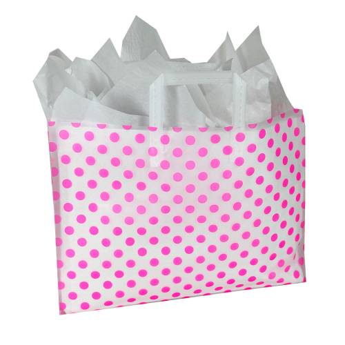 Bright pink polka-dot print on a frosted clear poly shopping bag with soft loop handles — 16 x 6 x 12