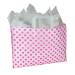 Bright pink polka-dot print on a frosted clear poly shopping bag with soft loop handles — 16 x 6 x 12