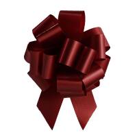 Burgundy pom style pull bow shown fully gathered, with looped smooth poly ribbon and two pointed tail streamers