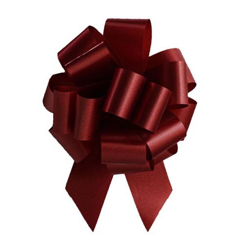 Burgundy pom style pull bow shown fully gathered, with looped smooth poly ribbon and two pointed tail streamers