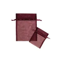 Burgundy organza bag 3x4 - sheer drawstring pouch in a deep wine-red weave, shown upright with a second bag laid in front