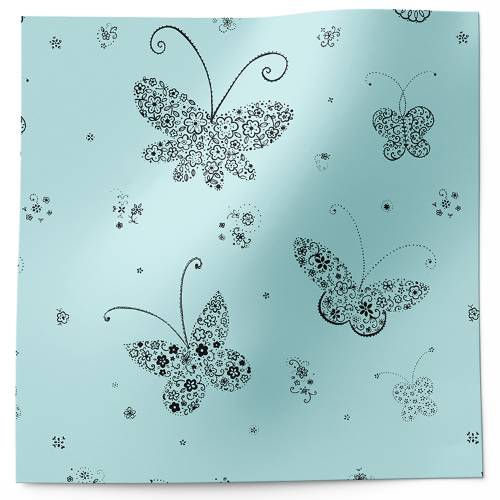 Butterfly tissue paper with ornate floral silhouettes on a soft aqua background