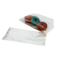 Clear cellophane side-gusset bag of frosted donuts beside an empty flat bag