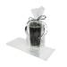 Clear cellophane side-gusset bag holding a stainless travel tumbler tied with silver ribbon, beside an empty flat bag