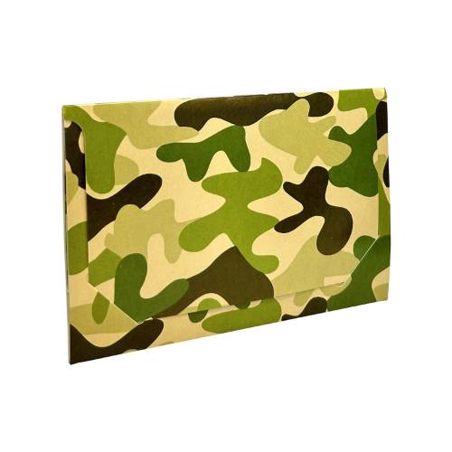 Camo gift card folder 5" x 3 3/8" x 1/8" — slim tuck-close sleeve, green camouflage print, holds a standard gift card