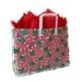 Red-and-white candy cane print with green bows on a frosted clear poly shopping bag with soft loop handles — 16 x 6 x 12
