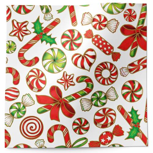 Candy party tissue paper with candy canes, peppermints and wrapped sweets on white