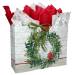 White kraft paper shopping bags with green wreath and red cardinal, red twisted handles