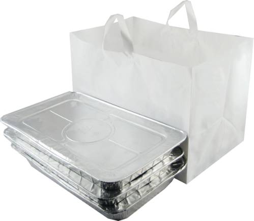 Catering Full Tray Bag — white plastic catering bag with a die-cut handle for takeout containers and trays
