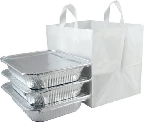 Catering Half Tray Bag — white plastic catering bag with a die-cut handle for takeout containers and trays