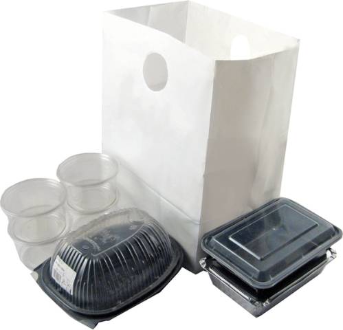 Catering Roaster Bag — white plastic catering bag with a die-cut handle for takeout containers and trays