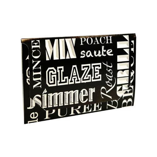 Chefs Delight gift card folder 5" x 3 3/8" x 1/8" — slim tuck-close sleeve, black with white culinary-word print, holds a standard gift card