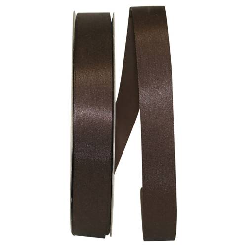 Chocolate Dyna Satin ribbon on a flat spool — single-face satin with taffeta back, 7/8" width, 100 yards