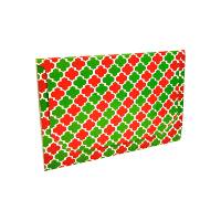 Christmas Geo gift card folder 5" x 3 3/8" x 1/8" — slim tuck-close sleeve, red and green quatrefoil geometric print, holds a standard gift card