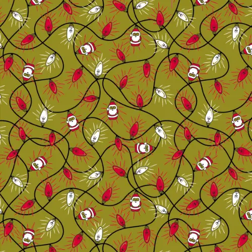 Christmas Lights on Kraft Gift Wrap Paper with red and white Christmas light strings with tiny Santas on olive kraft