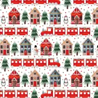 Christmas Train Gift Wrap Paper with watercolor Christmas village with red trains, houses, penguins, and snowmen on white