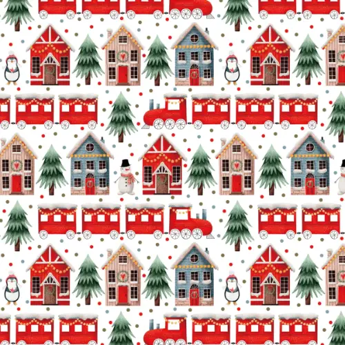Christmas Train Gift Wrap Paper with watercolor Christmas village with red trains, houses, penguins, and snowmen on white