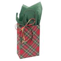 Red-and-green Christmas tartan plaid paper shopping bag with twisted paper handles, small size