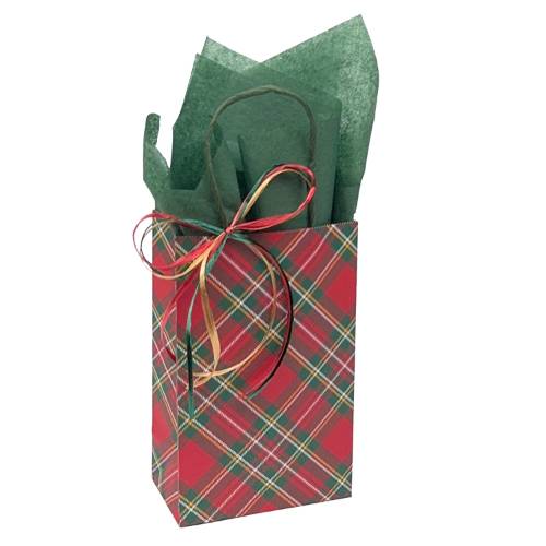 Red-and-green Christmas tartan plaid paper shopping bag with twisted paper handles, small size
