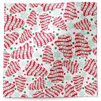 Christmas Tree Cake printed tissue paper — frosted red-and-white tree-shaped cakes with green stars and snowflakes on white tissue