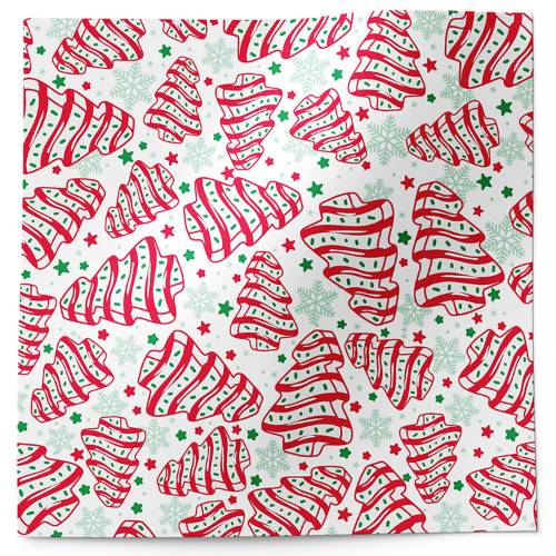 Christmas Tree Cake printed tissue paper — frosted red-and-white tree-shaped cakes with green stars and snowflakes on white tissue