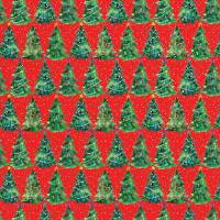 Christmas Trees Red Gift Wrap Paper - rows of decorated green Christmas trees on a bright red background