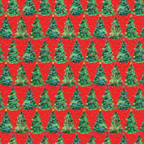 Christmas Trees Red Gift Wrap Paper - rows of decorated green Christmas trees on a bright red background