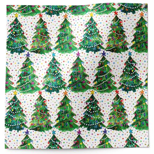 Christmas trees tissue paper with rows of decorated green trees on white