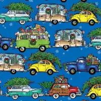 Christmas Vacation Gift Wrap Paper with retro cars and campers hauling Christmas trees and gifts on bright blue