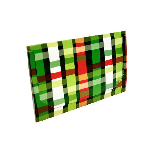 Christmas Weave gift card folder 5" x 3 3/8" x 1/8" — slim tuck-close sleeve, red, green and white plaid print, holds a standard gift card